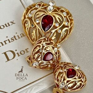 Vintage Christian Dior Heat Red Rhinestone Hollow Vine Gold Brooch Earrings Set